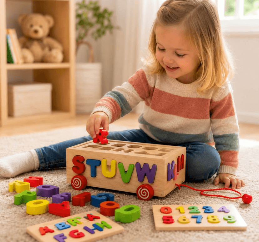 Carrito de madera infantil. Con letras y números